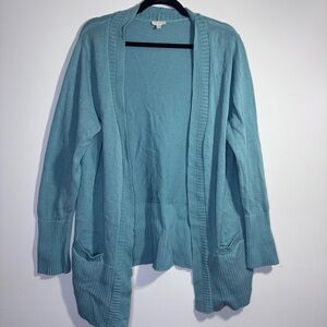 Talbots Aqua Blue Open Front Cardigan Lightweight Knit Pockets XL